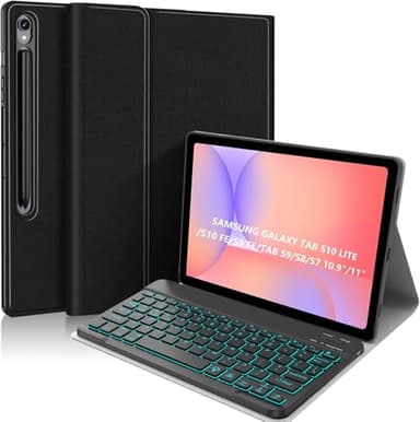 Backlit Keyboard Case for Samsung Galaxy Tab S10 Lite/S10 FE/S9 FE 5G 10.9"/ Tab S9 11", 7 Colors Backlight Detachable Magnetic Wireless Keyboard Case, PU Leather Folio Case, Black