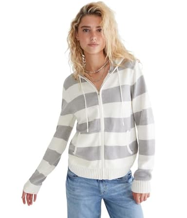 Long Sleeve Hooded Cardigan, Medium Heather Grey, S