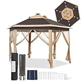 Yaheetech 13x13 Pop-up Patio Gazebo Tent W/Mesh Netting Sides & 25 Solar LED Lights, Hexagonal Double Vented 3 Height Adjustable Gazebo with Storage Bag for Backyard, Garden, Lawn, Khaki & Brown