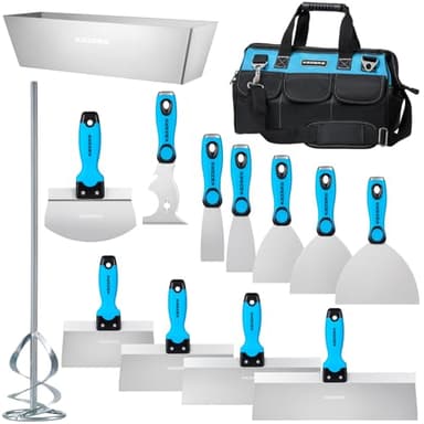 KEZERS Drywall Hand Tool Kit, 14 Pieces Stainless Steel 1.5" 2" 4" 5" 6" Putty Knife, 8" 10" 12" 14" Taping Knife, 14" Mud Pan, 6" Bucket Scoop, 11-in-1 Paint Scraper, 16" Mud Mixer & Tool Bag