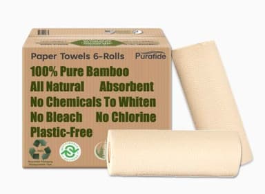 Purafide 100% Bamboo Paper Towels, Tree-Free, Chemical-Free, Lint-Free, Durable, Absorbent, Select-a-Size 2-Ply, 90 Sheets Per Roll. (PT 6 Rolls)