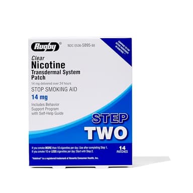 Rugby Clear Nicotine Patches - 14mg Transdermal System Patch - Smoking or Vaping Quitting Aid - Step 2 - 14 Count (1-Pack)