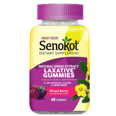 Senokot Dietary Supplement Laxative Gummies, 60 Count, Constipation Relief, Natural Senna Extract, Gentle Overnight Laxatives for Constipation Relief, Blueberry Pomegranate Flavor