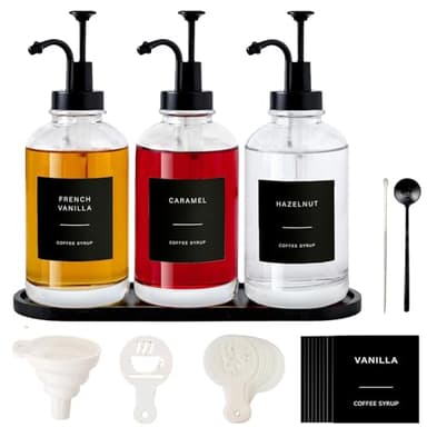 Coffee Syrup Dispenser for Bar, Glass Syrup Bottle with Pump, Coffee Pump Dispenser Bottle with Tray, Spoon for Station, Black,16.9 oz, 500 ml