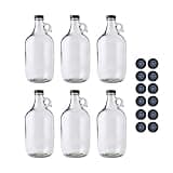 FastRack 64 oz Growler, 1/2 Gallon Glass Beer Growler with 18 Polyseal caps (Case of 6), Half Gallon Glass Jug, Clear Growlers for Beer