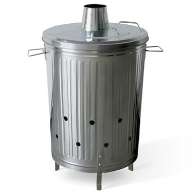 Plexon Incinerator Burn Barrel for Outside for Burning Trash Leaf - Metal Burn Can Cage Bin Container - Fire Can Paper Burner Outdoor, Chimney Lid and Ventilation Holes, Galvanized Steel, 20 Gallon