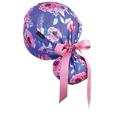 CALOMED Scrub Cap for Women and Men, Ponytail Scrub Caps, Working Hat, Head Cover with Ribbon Ties and Buttons, Long Hair (Pink Peonies)