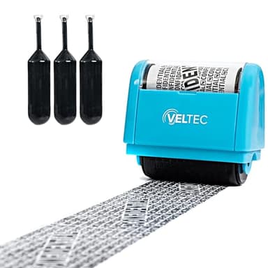 Veltec ID Protector Ink Roller - Identity Theft Protection Roller Stamp Set (Blue, Stamp+3 Refills)