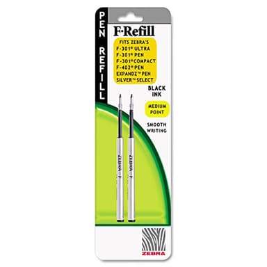 Zebra 85412 Refill for F-301, F-301 Ultra, F-402, 301A, Spiral Ballpoint, Med, Black, 2/Pack
