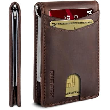 RUNBOX Genuine Leather Wallet for Men 12 Cards Slim Money Clip Mens Wallet Bifold Rfid Blocking with 2 ID Windows Card Holder Wallet with Gift Box