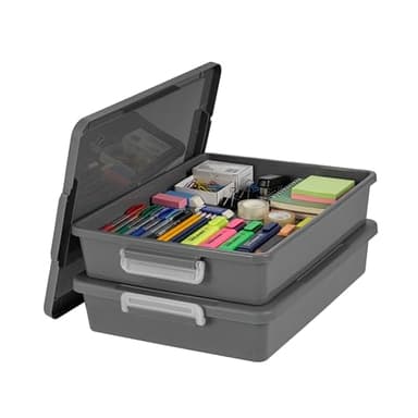 IRIS USA 6 Qt. Plastic Craft Storage Container Bins with Lids, 2 Pack, Small Art & Office Supply Organizer Tote, Sensory Bins & Boxes for Home & University, Stackable, Secure Latch Buckles, Gray