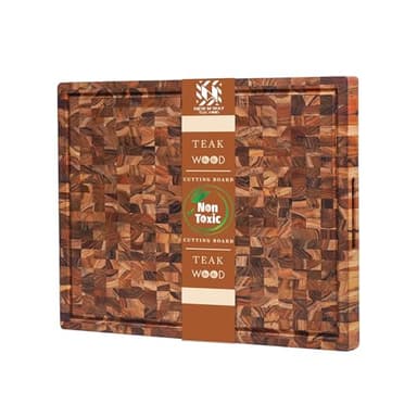 Teak Wood XL End Grain Butcher Block Cutting Board 24 x 18 Inch, Extra Thick Cutting Board for Meat & BBQ Prep, Knife-Friendly Cutting Board with Juice Groove & Handle by New M Way