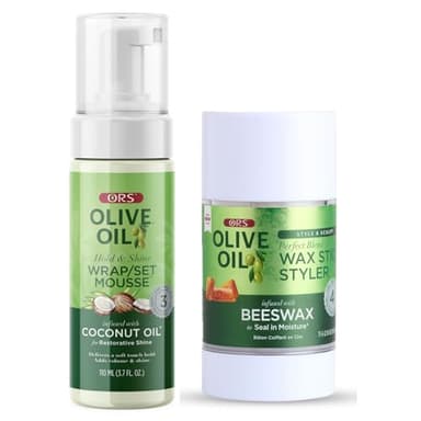 ORS Olive Oil Wrap Set Mousse Mousse and Style & Sculpt Wax Stick with Coconut & Beeswax (2 Piece Set)