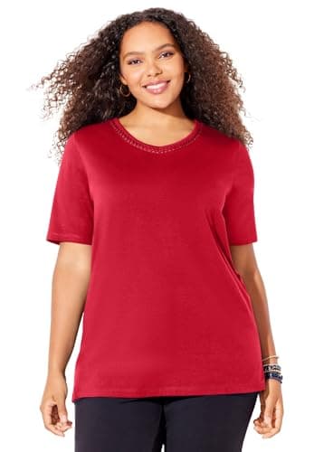 Catherines Women's Plus Size Suprema Crochet V-Neck Tee - 2X, Classic Red