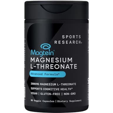 Sports Research® Magnesium L-Threonate Capsules 2000mg - High-Absorption Magtein® for Enhanced Brain Health, Memory, Focus & Restful Sleep Support - Vegan · Non-GMO · Gluten Free - 90 Count