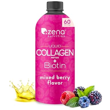 Zena Nutrition Liquid Collagen for Women & Men (Type 1 & 2) & 5000mcg Biotin, 2500mg Verisol Bioactive Collagen Peptides, Hair, Skin, Nail Supplement, Mixed Berry, 60 Servings, 20.3 fl oz