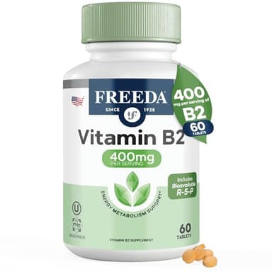 FREEDA Vitamin B2 400 mg Supplement with Riboflavin-5-Phosphate – High Potency B2 Vitamins Riboflavin 400mg per Serving for Energy, Metabolism & Nervous System – Vegan VIT B 2, Small Tablets (60 Ct)