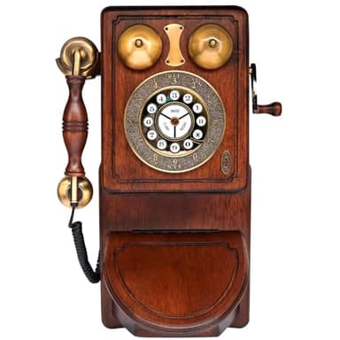 Pyle Vintage Classic Wall-Mount Corded Phone – Retro Design with Crank Handle, Tone/Pulse Switch, Redial Function, Handcrafted Wood & Veneer, Antique Landline Telephone