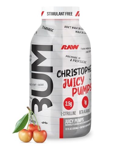 RAW Ready to Drink Pre-Workout Drink, Juicy Pumps (White Cherry) - Bum Pump RTD Zero-Sugar Energy Supplement Drink - Caffeine-Free & Sugar-Free Energy Drinks with L-Citrulline, 12 Fl Oz