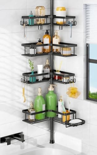 HAMITOR Shower Caddy Tension Pole: 4-Tier Corner Rustproof Bathroom Organizer with Soap Holder & Hooks - No-Drill Adjustable Shower Shelf for Renters - Family Stand Storage Rack - 47-123 Inch Black