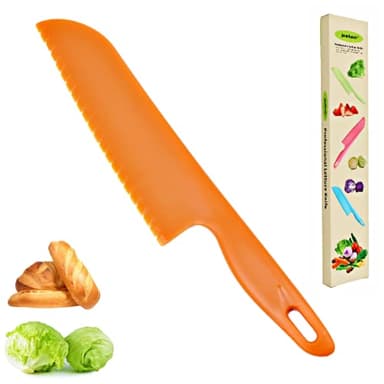 11" Plastic Serrated Bread Cutter to Cut Veggies, Salad, Cake or Brownies, Professional Lettuce Knife to Prevent From Turning Brown, Nylon Knife for Nonstick Pans, Durable and BPA free, Orange
