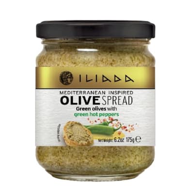 ILIADA Green Olive Spread with Green Hot Peppers | Authentic Greek Tapenade with Extra Virgin Olive Oil & Spices | 175 gr