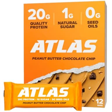 Atlas Real Food Protein Bar – 20g Clean Protein, 1g Sugar, No Seed Oils, No Artificial Sweeteners (Peanut Butter Chocolate Chip, 12 Count)