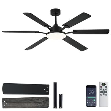 60 Inch Ceiling Fans with Lights, Large Modern Black Ceiling Fan with Light and Remote Control, 6 Double Sided Blades, 6 Speed Reversible Motor, Dimmable LED, Silent Timing, Indoor Outdoor Patio Use