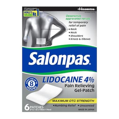Salonpas Lidocaine 4% Pain Relieving Gel-Patch, 6 Count, for Back, Neck, Shoulder, Knee & Elbow Pain