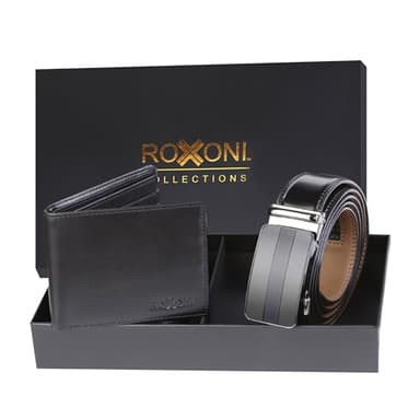 Roxoni Men's Ultra Soft Geniune Leather Rachet Belt & Wallet Gift Box (Black Buckle C)