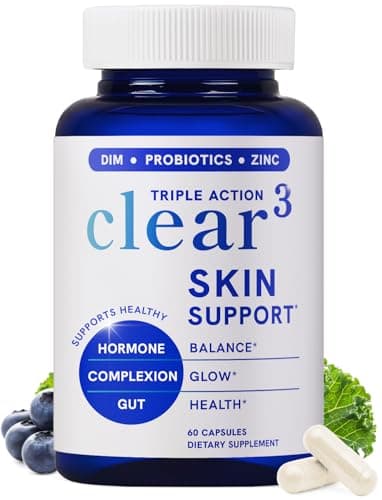 Clear Skin Supplement with Zinc, DIM & Probiotics | 3-in-1 Balance, Glow & Health Skin Support | Triple Action Hyaluronic Acid, Niaciminide & Vitamins for Hormone, Complexion & Gut Support | 60 Ct