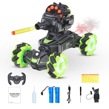 BOKSIYUR Rc Car Shoot SoftBullet,Fits for Nerf, Remote Control Hand Gesture Stunt Drift Truck, 360°Rotating Battle Tanks with Soft Bullets Water Bomb, Spray, Music, Led, Toy Gifts（Green）