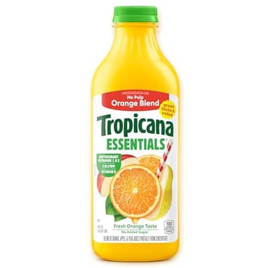 Tropicana Essentials 100% Orange Juice Blend, No Pulp, Calcium + Vitamins C, D, E, No Added Sugar, 46 fl oz bottle