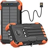 GOODaaa Solar Power Bank, 42800mAh Portable Charger 20W Fast Charging External Battery Pack Built in 4 Cables, Wireless Charging Power Bank for Apple Watches with Flashlight, Carabiner,Thermometer