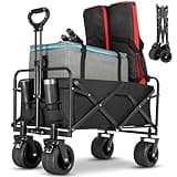 EVLIQUIL Collapsible Foldable Beach Wagon,Folding Wagon Cart with Big Wheels,Utility Grocery All Terrain Wagons carts Foldable with Brakes for Sand Camping Sports Outdoor(Deep Black).