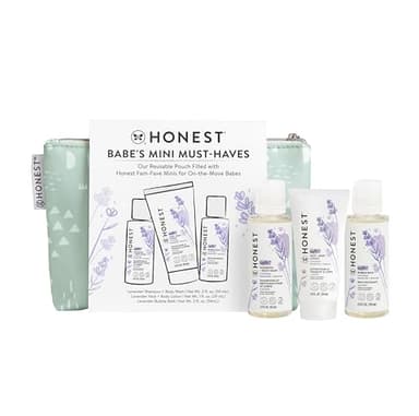 The Honest Company Babe's Mini Must Haves Gift Set Travel Size Hypoallergenic Lavender Bathtime Essentials Shampoo Body Wash (2 fl oz) Face Lotion (1 Bubble Bath