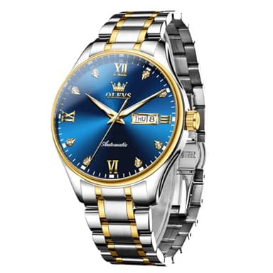 OLEVS Watch for Men Automatic Mechanical Self Winding Two Tone Stainless Steel Diamond Business Calendar Waterproof Wrist Watch Blue Dial