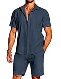 COOFANDY Mens Linen Button Down Shirt Vacation Short Summer Beach Shorts Walking Suit Outfits Two Piece Sets