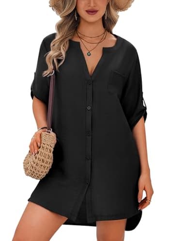 Ekouaer Bathing Suit Cover Up for Women V Neck Button Down Swimsuit Coverup Beach Dress Shirt Black