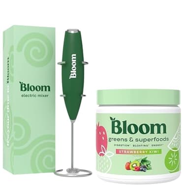 Bloom Nutrition Superfood Greens Powder, Digestive Enzymes with Probiotics and Prebiotics, Gut Health, Bloating Relief, Strawberry Kiwi + Milk Frother High Powered Hand Mixer