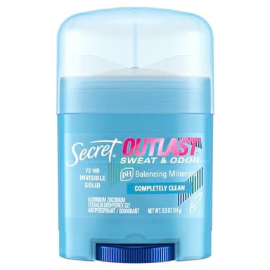 Secret Outlast Antiperspirant Deodorant for Women, 72hr Sweat & Odor Protection, PH Balancing Minerals, Invisible Solid, Completely Clean Scent, Travel Size, 0.5 oz