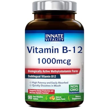 Innate Vitality Vitamin B12 1000mcg, Sublingual Methylcobalamin, for Energy Metabolism, Mental Clarity, Nervous System Health, Peach Flavor, Zero Sugar, 90 Fast Dissolve Tablets