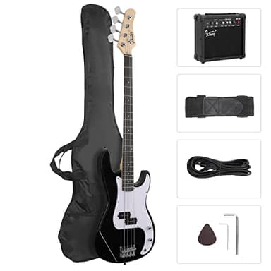 GLARRY Full Size Electric Bass Guitar Beginner Kit 4 String Exquisite Basswood Bass with 20W AMP, Cable, Strap, Bag and Accessories (Black, 39"Right Handed)