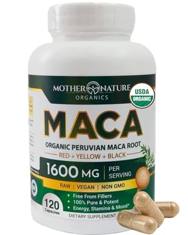 Mother Nature Organic Maca Root Capsules – 1600mg, 120 Vegan Capsules – Non GMO Peruvian Yellow, Red & Black Maca for Men & Women - Energy, Hormone, Brain & Weight Well-Being