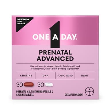 One A Day Prenatal Advanced- Prenatal Vitamins with Folic Acid, Choline, DHA & Iron, Pregnancy Vitamins for Women to Support Baby’s Development, 30+30 Ct (60 Total Set) (Packaging May Vary)