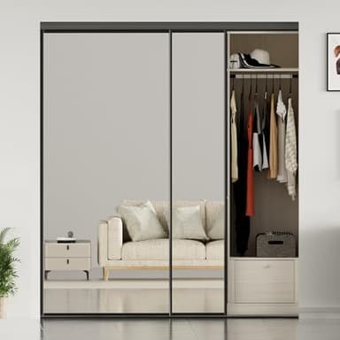 JUBEST Full Sized Sliding Mirror Closet Door 72 x 80, Black Steel Frame Sliding Closet Mirror Door with Top & Bottom Track Kits, One Side Mirror with Safety Backing, Easy to Install