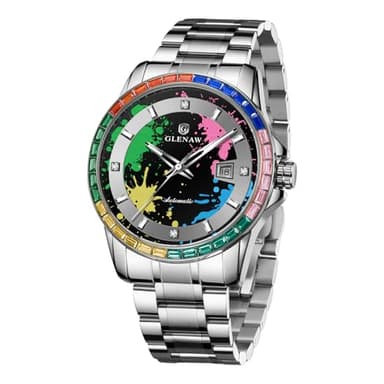GLENAW Automatic watches for Men- Men's Mechanical Watch, 43mm Large Face Rainbow Diamond Bezel Ink Splatter Dial, Stainless Steel Butterfly Buckle Watch with Date Display, Business Casual Self Winding Wristwatch for Men (8722-Silver)