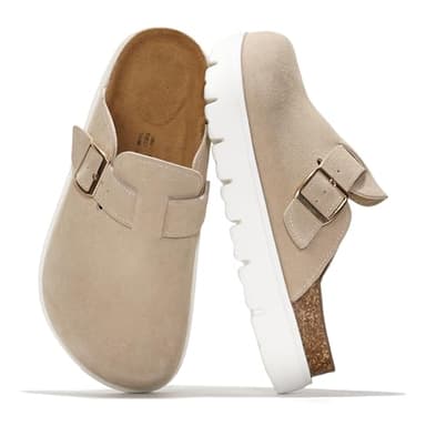 Project Cloud 100% Genuine Leather Platform Clogs for Women Footwear - Memory Foam Arch Support Cork Footbed Casual Shoes & Mules for Women 2026 (Benton Chunky, BEIG, 8.5)