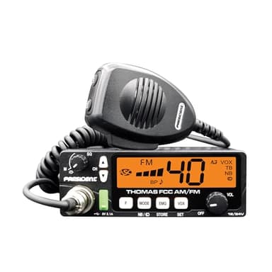 President Thomas FCC AM/FM CB Radio – 40 Channel, VOX Hands-Free, USB Port, ASC, Multi-Color LCD Display – 12/24V Compact Mobile Transceiver for Truckers & Off-Road Communication