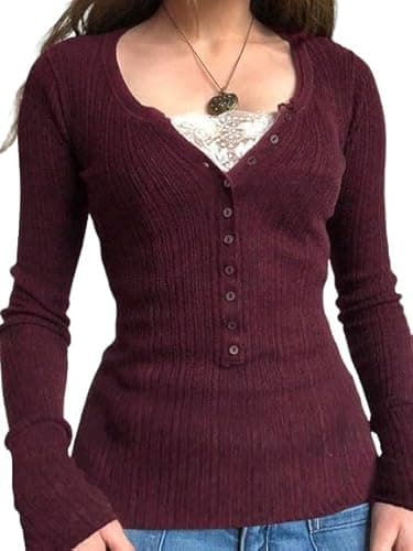 EMMIOL Y2k Henley Shirts for Women - Long Sleeve V Neck Button Ribbed Knit Tops Slim Fit Casual Lace Blouse Trendy Clothes, 2-Wine red, L